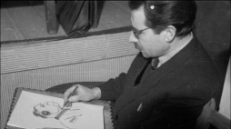 Proces Rudolfa Hoessa przed Najwyższym Trybunałem Narodowym w marcu 1947 r. Na zdjęciu rysownik prasowy portretuje oskarżonego. Fot. PAP